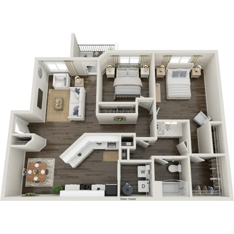 Floor plan for 2 beds, 1 bath, 1000 sqft